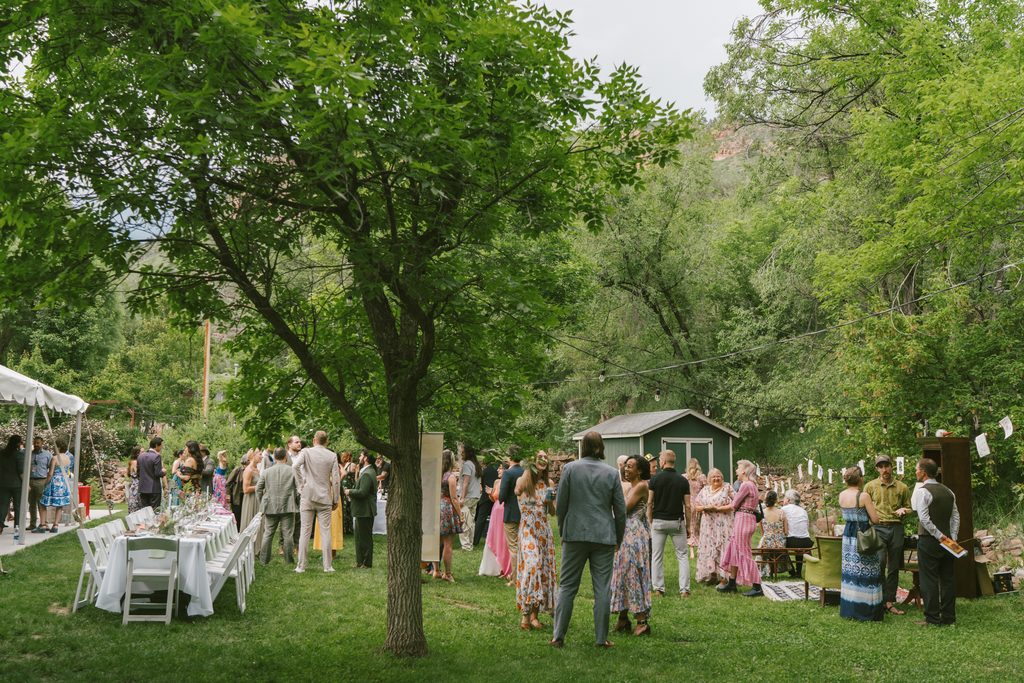 Cocktail hour during wedding at Stone Mountain Lodge in Lyons Colorado