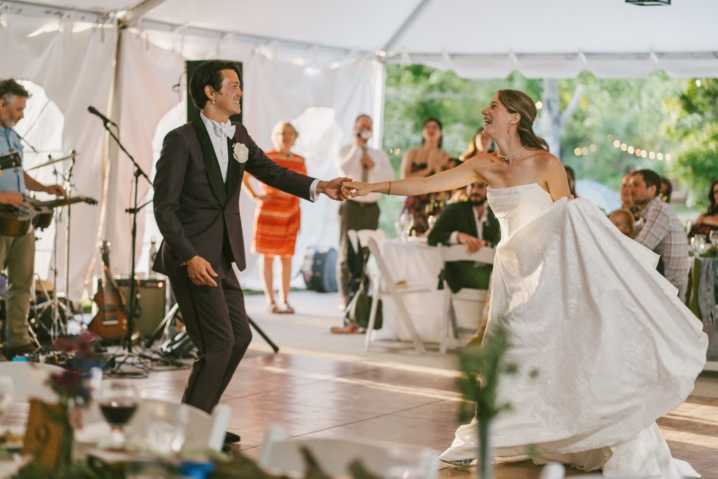 Bride and groom first dance during their wedding at Stone Mountain Lodge in Lyons Colorado